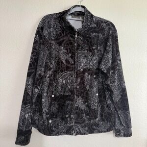 Jane Ashley Jacket‎ Women's Large Black Paisley Long Sleeve Mock Neck Fleece Zip